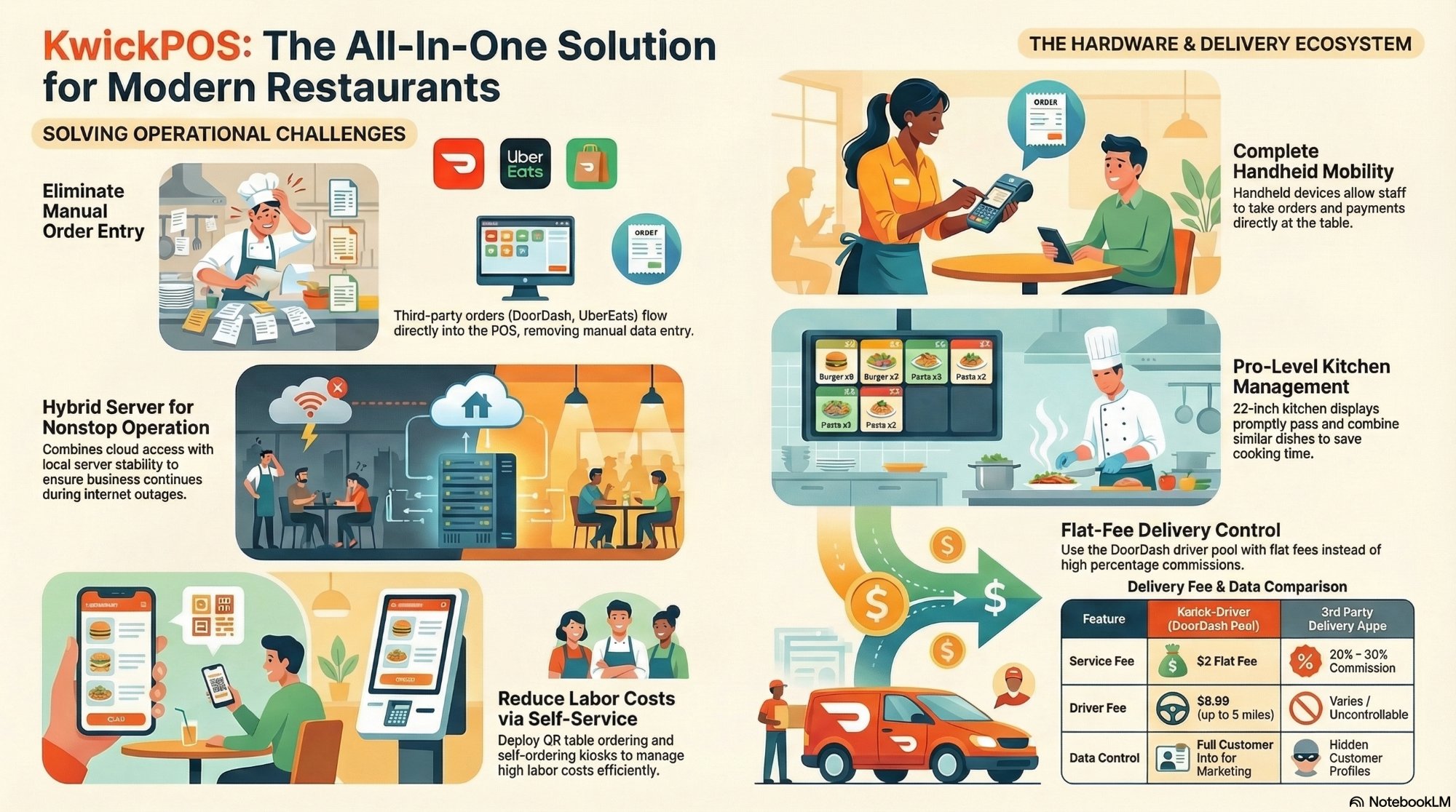 KwickPOS All-In-One Restaurant POS Solution — Hardware, Delivery Ecosystem, Kitchen Management, and Self-Service Features